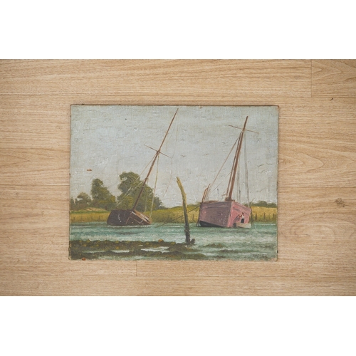 1715 - G. S. Bagley, (Rye artist), oil on canvas, Riverscape with boats, signed, 30 x 40cm, unframed. Condi... 