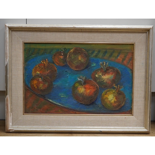 1724 - Isobel Knight Barnard, three oils on canvas and board, Still lifes of fruit and vessels, two signed... 