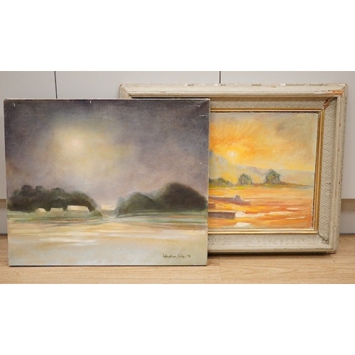 1742 - Wyndham Edwin George Giles, two oils, one on board, Moonlit and sunset landscapes, each signed and d... 