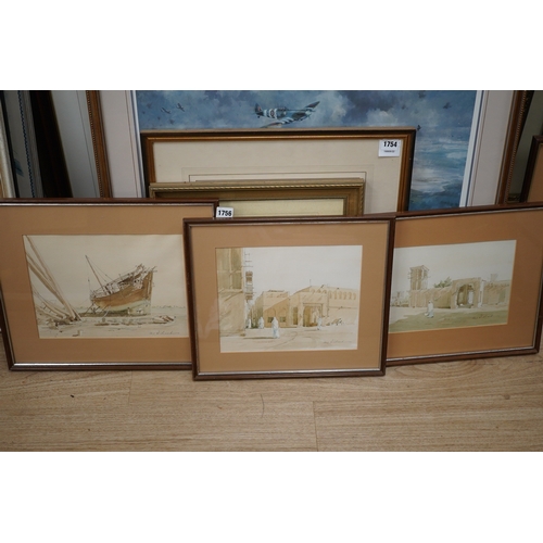 1743 - A. J. Richard, set of five watercolours, Beach scenes with moored boats, each signed, largest 23 x 3... 