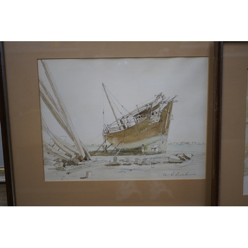 1743 - A. J. Richard, set of five watercolours, Beach scenes with moored boats, each signed, largest 23 x 3... 