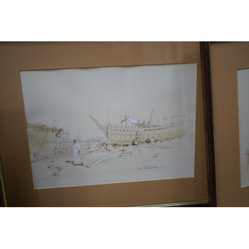 1743 - A. J. Richard, set of five watercolours, Beach scenes with moored boats, each signed, largest 23 x 3... 