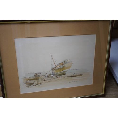 1743 - A. J. Richard, set of five watercolours, Beach scenes with moored boats, each signed, largest 23 x 3... 