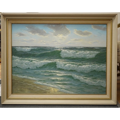 1755 - Gerhard Lukas-Larsen (German, 1911-1965), oil on canvas, Rollers in a seascape, signed, E. Stacy Mar... 