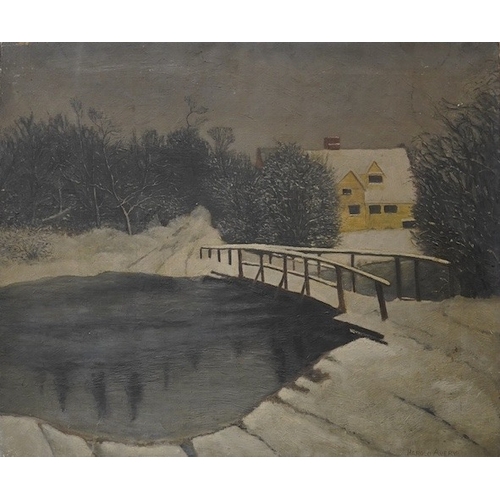 1762 - Harold Avery, oil on canvas, Winter landscape with bridge over a stream, signed, 54 x 65cm, unframed... 