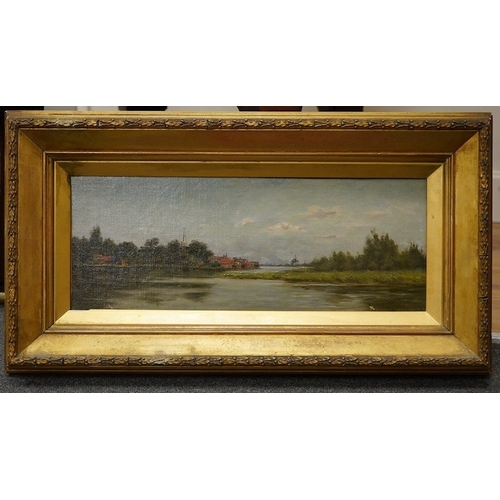 1774 - Herbert Lyndon (1855-1932), oil on canvas, Amsterdam river landscape, 16 x 40cm. Condition - fair to... 