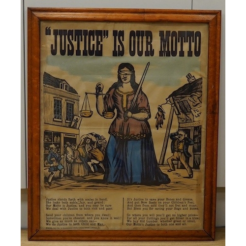 1791 - Samual Reevs Pub. hand coloured poster 'Justice is our motto' 62 x 50cm. in maple frame