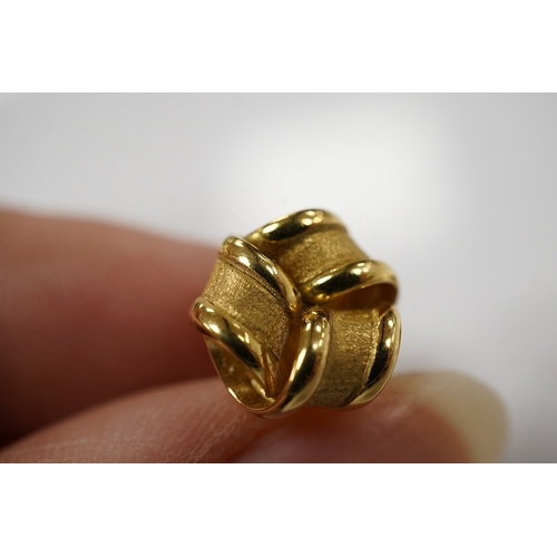 1902 - A pair of 18ct yellow gold stud earrings of knotted design with a textured finish, 1.1cm diameter ea... 