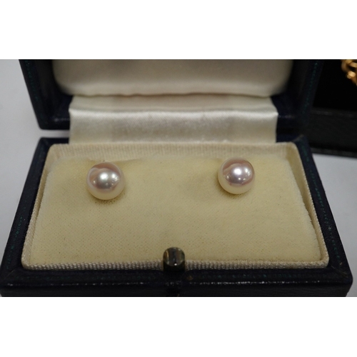 1903 - Three pairs of cultured pearl stud earrings, largest 9.3mm diameter, a pair of sleeper earrings, a g... 