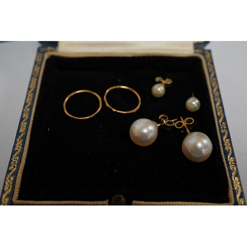 1903 - Three pairs of cultured pearl stud earrings, largest 9.3mm diameter, a pair of sleeper earrings, a g... 