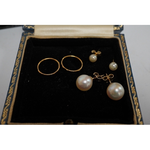 1903 - Three pairs of cultured pearl stud earrings, largest 9.3mm diameter, a pair of sleeper earrings, a g... 