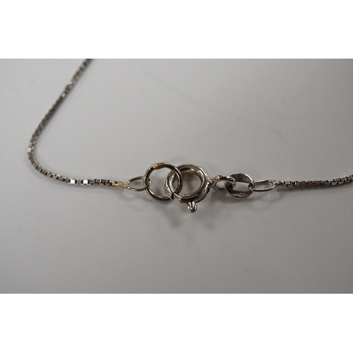 1904 - A 9ct white gold fine link necklace, length 46cm, British hallmarks, gross weight 2 grams; a 22ct ye... 