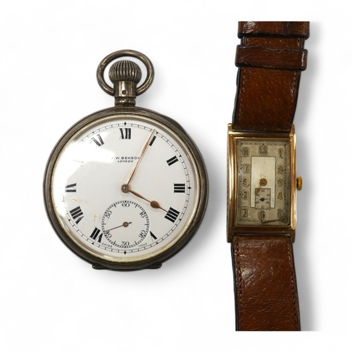 1906 - A gentleman's 1930's 9ct gold rectangular dial manual wind wrist watch, with Arabic dial and subsidi... 