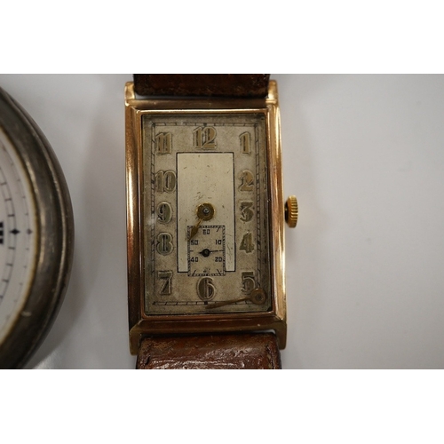 1906 - A gentleman's 1930's 9ct gold rectangular dial manual wind wrist watch, with Arabic dial and subsidi... 