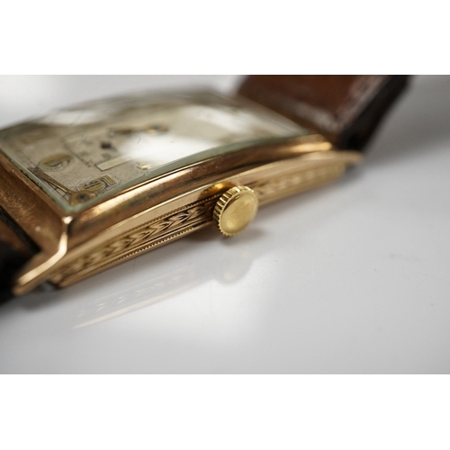 1906 - A gentleman's 1930's 9ct gold rectangular dial manual wind wrist watch, with Arabic dial and subsidi... 