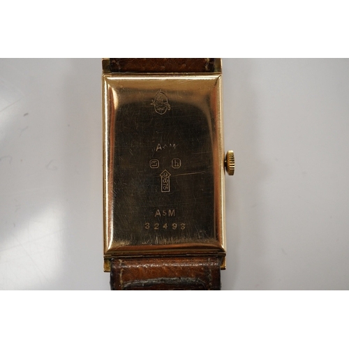 1906 - A gentleman's 1930's 9ct gold rectangular dial manual wind wrist watch, with Arabic dial and subsidi... 