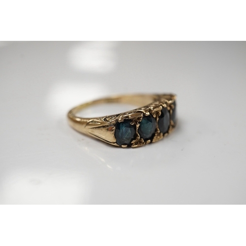 1909 - A 1970's Victorian style 9ct gold and graduated five stone sapphire set half hoop ring, size Q, gros... 