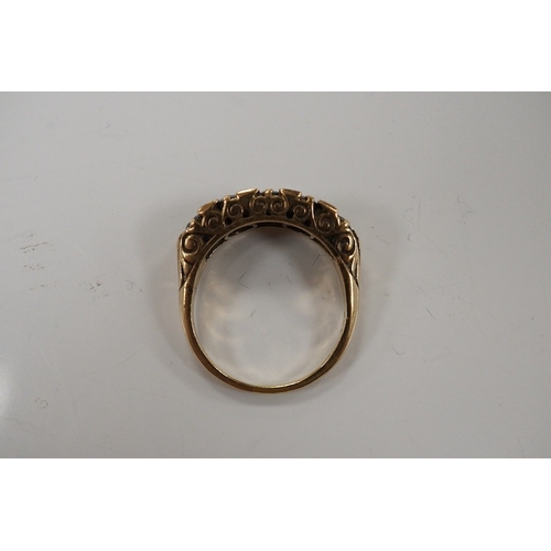 1909 - A 1970's Victorian style 9ct gold and graduated five stone sapphire set half hoop ring, size Q, gros... 