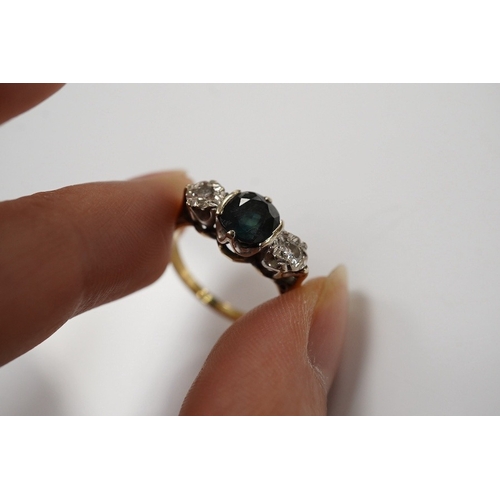 1913 - A 10k and three stone opal ring, with diamond set shoulders, an 18ct, sapphire and diamond three sto... 