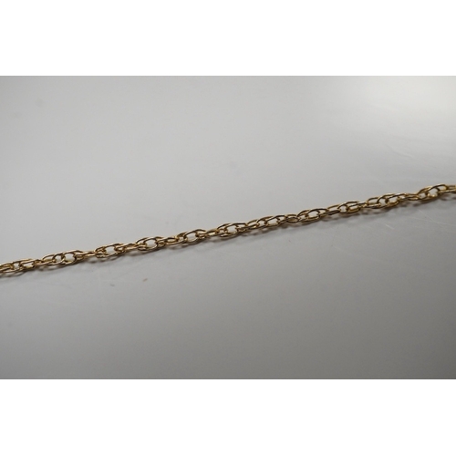 1914 - A modern 10K fine link chain, 46cm, together with a 10k and diamond set open heart shaped pendant, 2... 