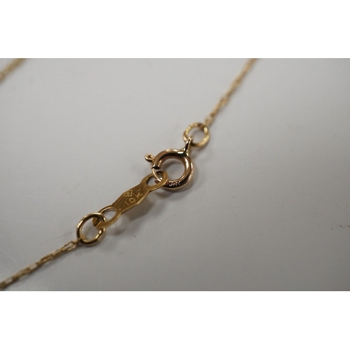 1914 - A modern 10K fine link chain, 46cm, together with a 10k and diamond set open heart shaped pendant, 2... 