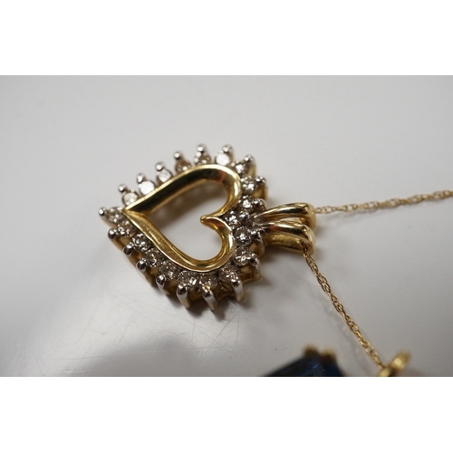 1914 - A modern 10K fine link chain, 46cm, together with a 10k and diamond set open heart shaped pendant, 2... 