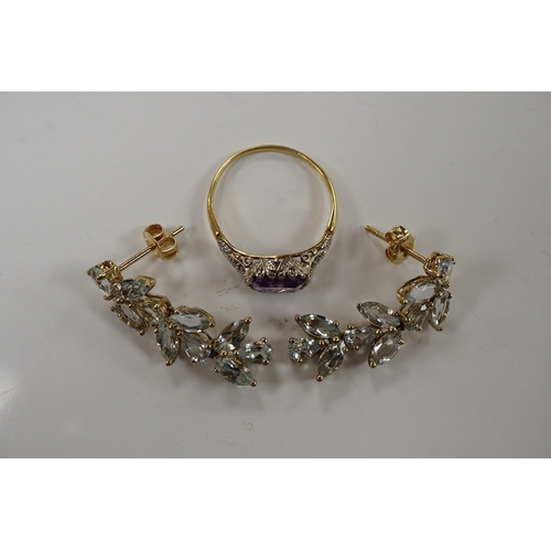 1916 - A pair of 9ct and blue stone cluster set drop earrings, 29mm diamond set ring together with a yellow... 