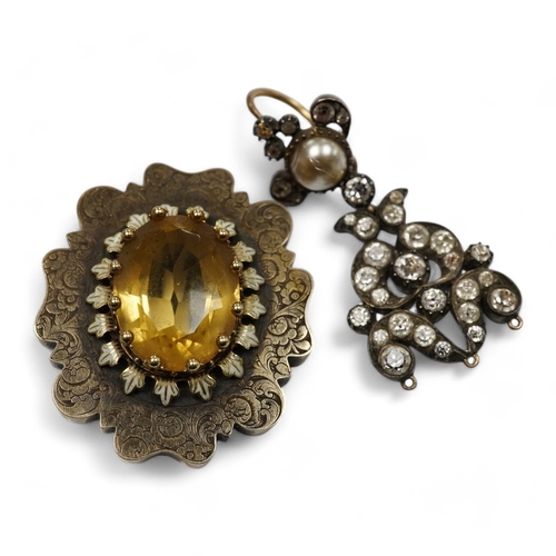 1931 - A citrine brooch and a paste and simulant pearl earring, 19th century, comprising: a brooch set with... 