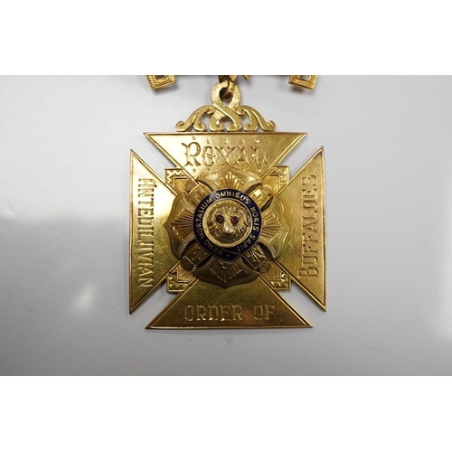 1932 - A 9ct gold Masonic 'Royal Order of Antedeluvian Buffaloes' medal, circa 1949, designed as a Maltese ... 