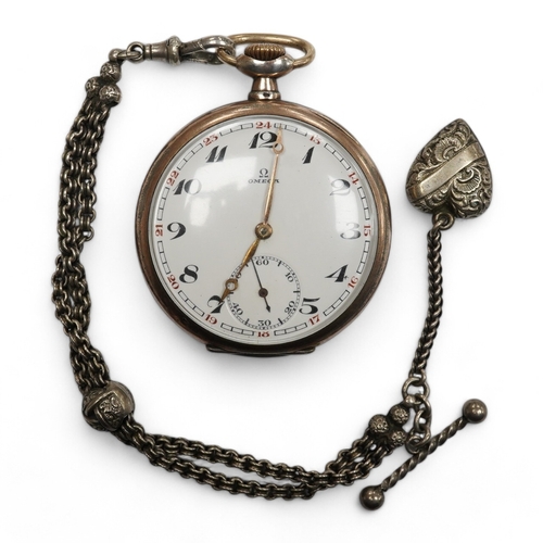 1934 - An 800 standard white metal Omega open faced keyless pocket watch, with Arabic dial and subsidiary s... 