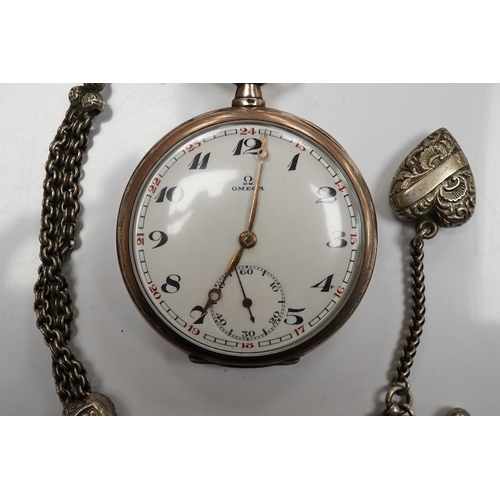 1934 - An 800 standard white metal Omega open faced keyless pocket watch, with Arabic dial and subsidiary s... 