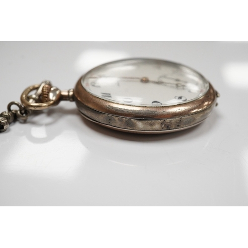 1934 - An 800 standard white metal Omega open faced keyless pocket watch, with Arabic dial and subsidiary s... 