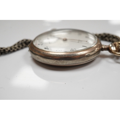 1934 - An 800 standard white metal Omega open faced keyless pocket watch, with Arabic dial and subsidiary s... 