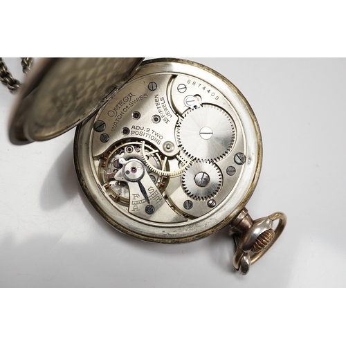 1934 - An 800 standard white metal Omega open faced keyless pocket watch, with Arabic dial and subsidiary s... 