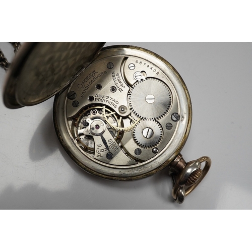 1934 - An 800 standard white metal Omega open faced keyless pocket watch, with Arabic dial and subsidiary s... 