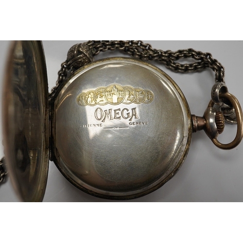 1934 - An 800 standard white metal Omega open faced keyless pocket watch, with Arabic dial and subsidiary s... 