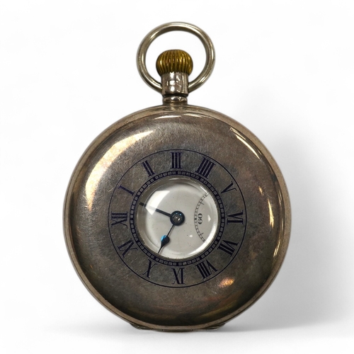 1936 - A George V silver J.W. Benson keyless half hunter pocket watch, with Roman dial and subsidiary secon... 