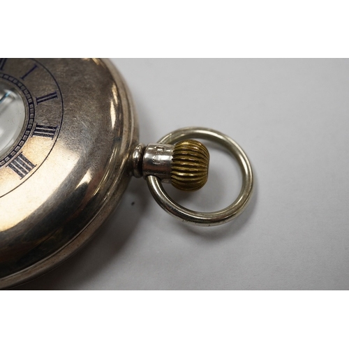 1936 - A George V silver J.W. Benson keyless half hunter pocket watch, with Roman dial and subsidiary secon... 