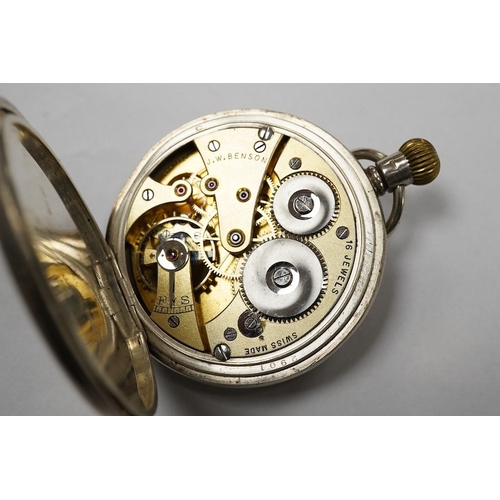 1936 - A George V silver J.W. Benson keyless half hunter pocket watch, with Roman dial and subsidiary secon... 