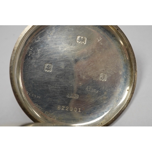 1936 - A George V silver J.W. Benson keyless half hunter pocket watch, with Roman dial and subsidiary secon... 