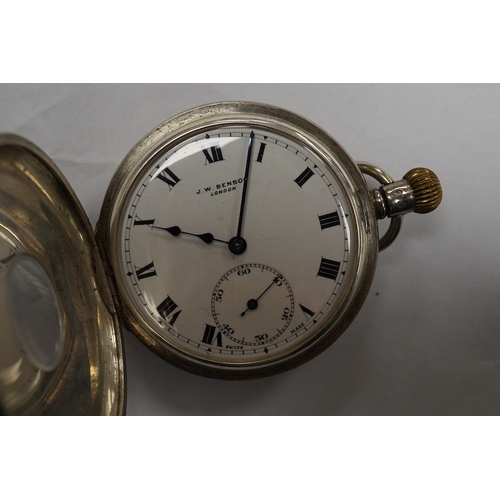 1936 - A George V silver J.W. Benson keyless half hunter pocket watch, with Roman dial and subsidiary secon... 