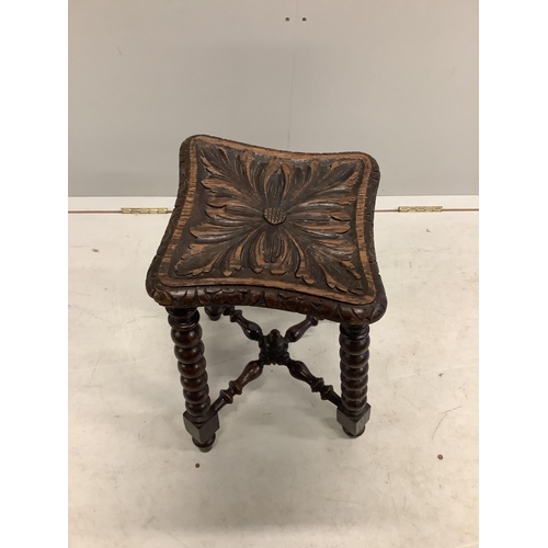 104 - A Victorian carved oak bobbin turned stool, bears Bruce & Co. trade label, height 46cm. Condition - ... 