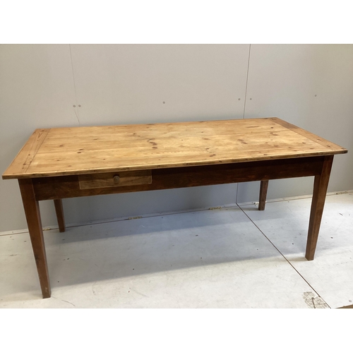 24 - A 19h century French rectangular pine and fruitwood two drawer kitchen table, width 172cm, depth 78c... 