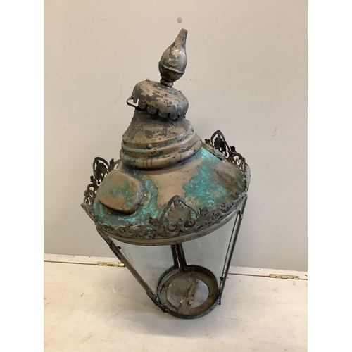 25 - A Victorian copper and lead street lantern with wrought iron wall bracket, height 80cm. Condition - ... 