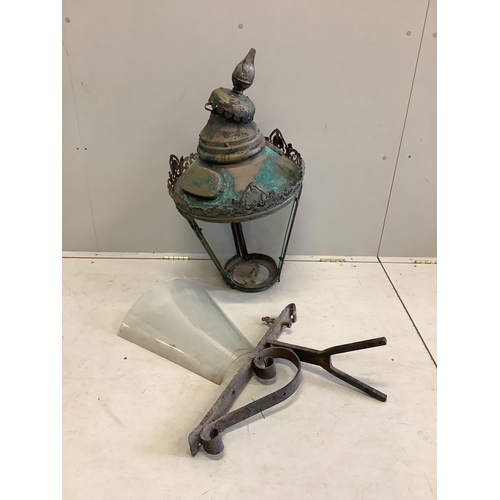 25 - A Victorian copper and lead street lantern with wrought iron wall bracket, height 80cm. Condition - ... 