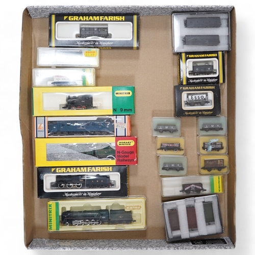 254 - Nineteen boxed N gauge railway items by Graham Farish, Minitrix, etc., including five locomotives; a... 