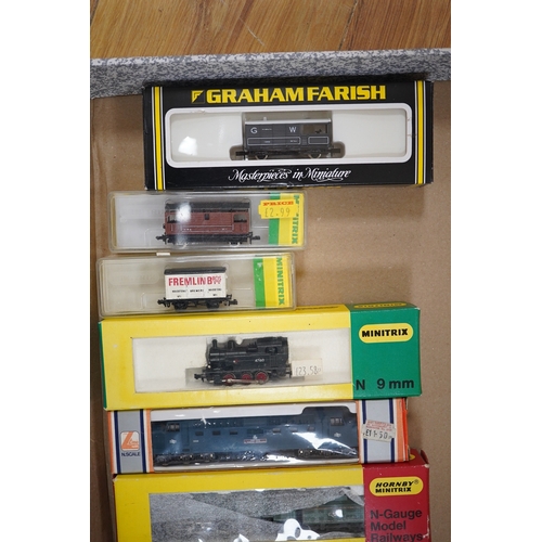 254 - Nineteen boxed N gauge railway items by Graham Farish, Minitrix, etc., including five locomotives; a... 