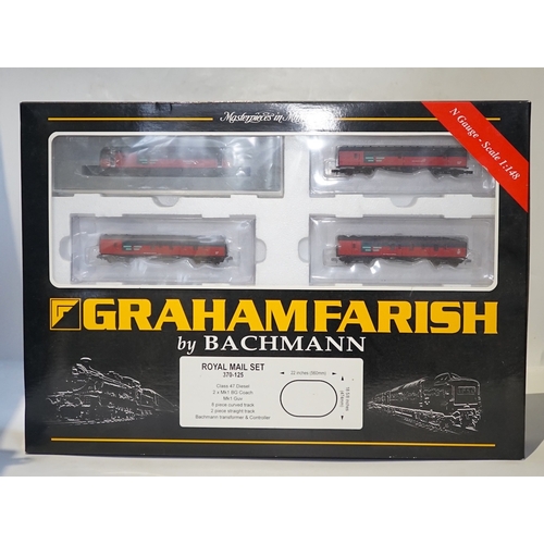 255 - Four boxed Graham Farish N gauge railway train sets; a Royal Mail set, comprising a Class 47 diesel ... 