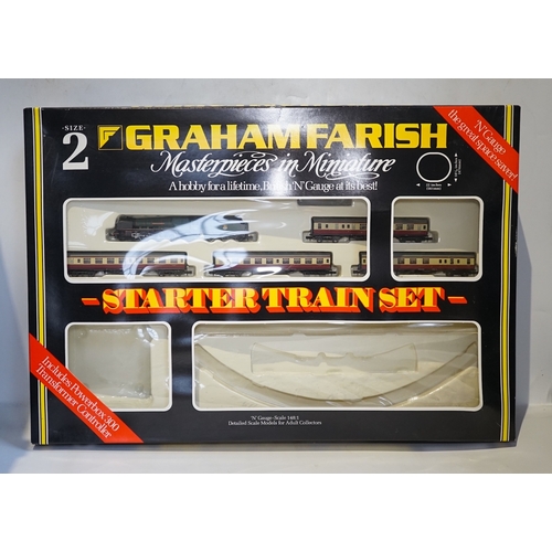 255 - Four boxed Graham Farish N gauge railway train sets; a Royal Mail set, comprising a Class 47 diesel ... 