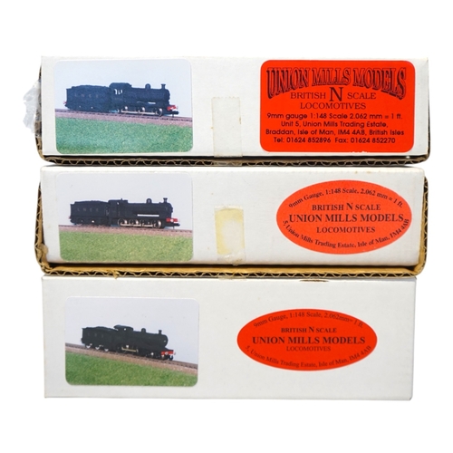 258 - Three boxed Union Mills Models N gauge railway LNER locomotives; a Class Q2, 3359, a Class J26, 5734... 